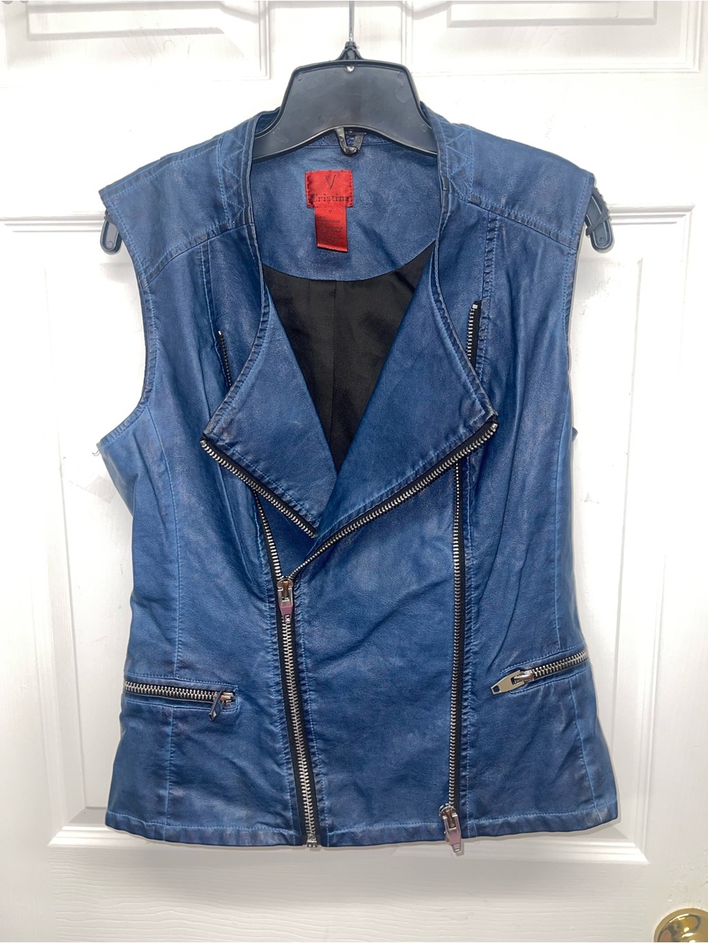 V Christina Iridescent Blue Faux Leather Moto Vest - Size M (Like New)